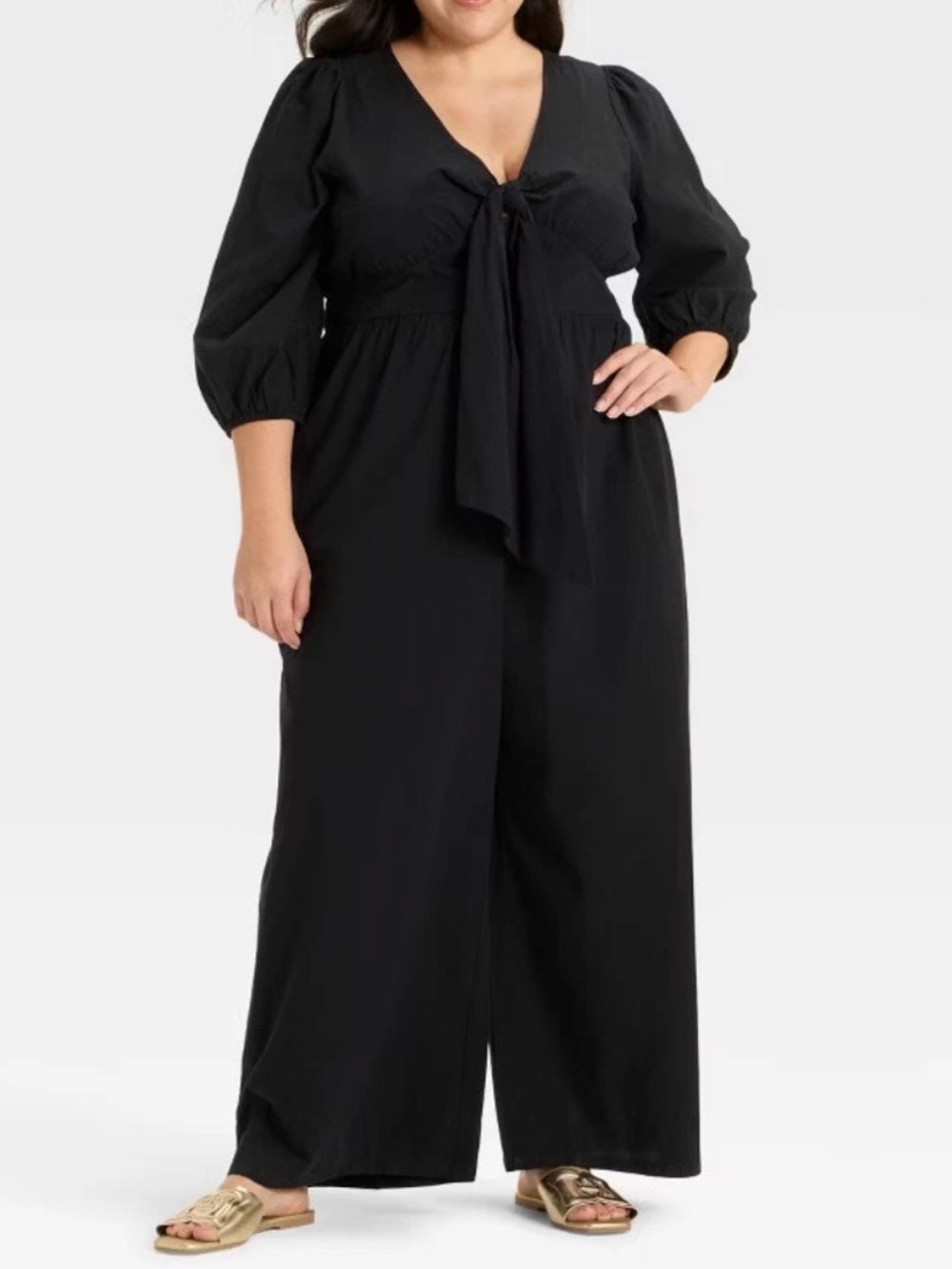 NWT Ava & Viv - 2X - Women's Flutter Elbow Sleeve Tie-Front Gauze Jumpsuit Black